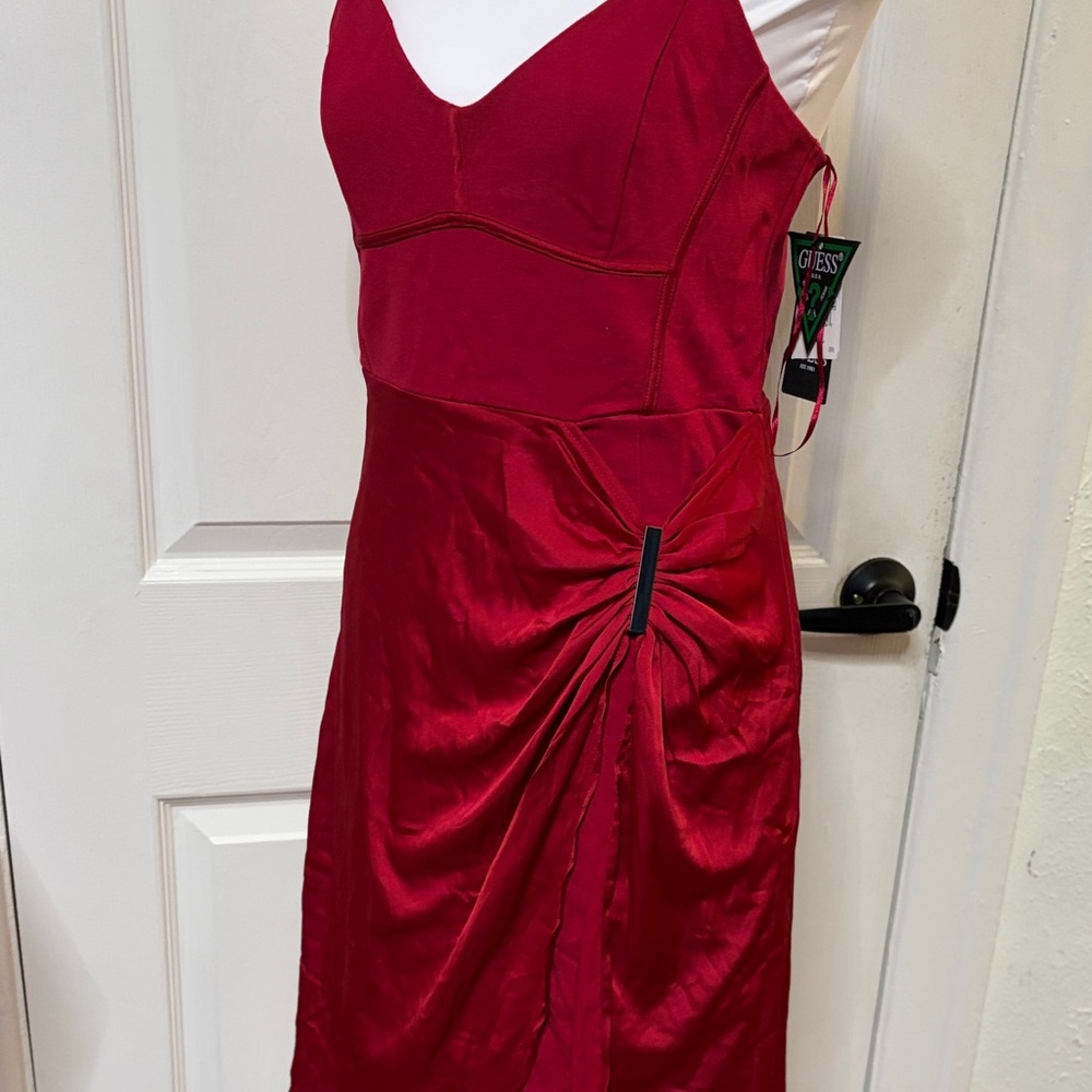 Guess Red Satin Midi Dress with Side Drape - Picture 5 of 10